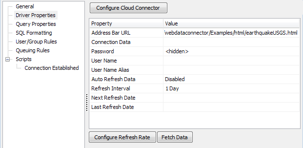 Driver Properties screen showing some fields filled out, including the Address Bar URL entered in the previous dialog.