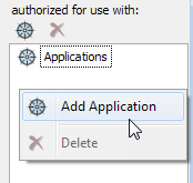 Authorized for user with pane showing no applications authorized.  Use the Authorize button or right-click in the pane and select Add Appliction for each application you wish to authorize.