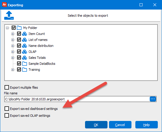 The Export saved dashboard settings and Export saved OLAP settings at the bottom of the Export dialog