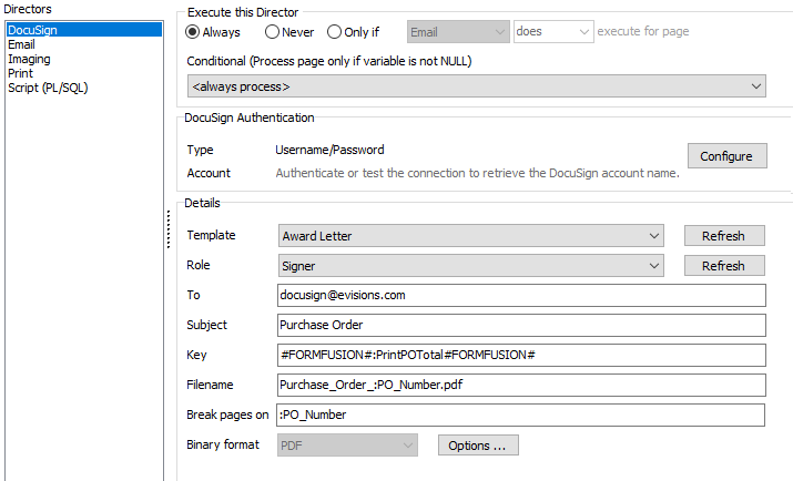 DocuSign Director configuration page