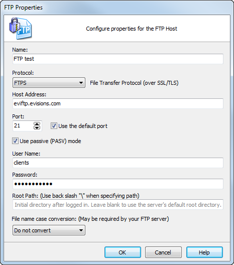 FTP Properties dialog showing FTPS selected in the drop down.